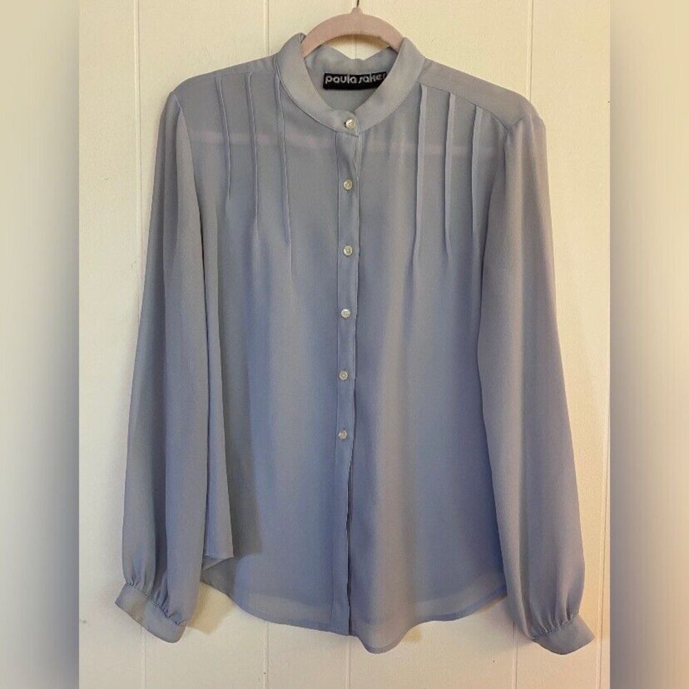 Vintage Paula Saker Blouse Women’s Large Light Blue Sheer Pleated Feminine